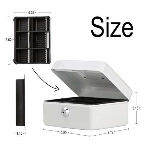 Small Cash Box with Key Lock, Decaller Portable Metal Money Box with Double Layer & 2 Keys for Security, White, 6 1/5" x 5" x 3", QH1504XS