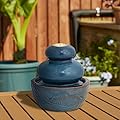 Glitzhome Indoor Outdoor Tiered Water Fountain with LED Light, Mini Turquoise Leaf Textured Ceramic Water Fountain, Decorative Zen Meditation Waterfall for Home Office, 8.75”H
