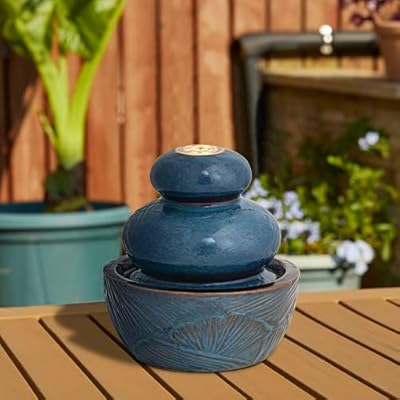 Glitzhome Indoor Outdoor Tiered Water Fountain with LED Light, Mini Turquoise Leaf Textured Ceramic Water Fountain, Decorative Zen Meditation Waterfall for Home Office, 8.75”H