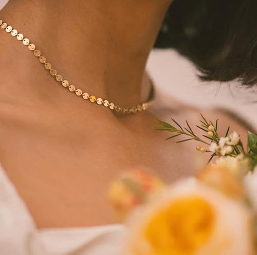 Chesky 14K Gold Plated Disc Choker Necklace Dainty Coin Choker Adjustable Tattoo Choker Simple Flat Discs Sequins Necklace Women Jewelry Gifts #TOP3