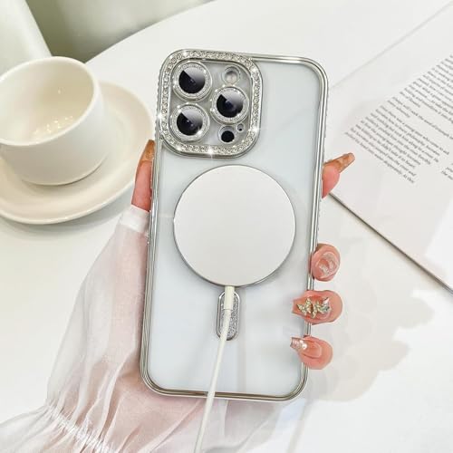 Image of DIZORO Compatible with (iPhone 15 Pro Max Case) Clear Luxury Diamond Glitter Case |Camera Lens Protector with Glitter Ring | Premium Shockproof Glossy Shiny Back Cover Case for Girls Women -Silver
