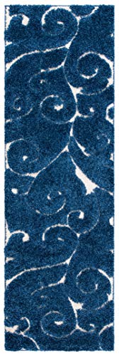 SAFAVIEH Florida Shag Collection Runner Rug - 2'3" x 19', Dark Blue & Cream, Scroll Design, Non-Shedding & Easy to Clean, High-Low Plush Pile, Ideal for Bedroom, Foyer, Hallway (SG455-6511)