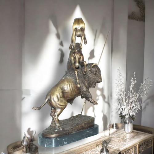 Estatua de bronce búfalo y caballo estilo Remington 20" H x 14" L x 6" W miniatura 3