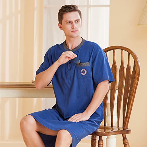 Keyocean Men Nightshirt, 100% Cotton Soft Comfy Short Sleeves Henley Neck Sleeping Loungewear3