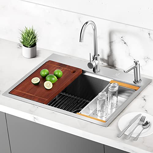 Burchain 30 Inch Stainless Steel Kitchen Sink 16 Gauge Drop In Single Bowl Workstation Sink 2-Hole Top Mount Kitchen Basin With 5 Accessories (Brushed Nickel) #TOP1