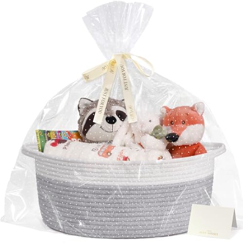 CHICVITA Large Rope Gift Basket Empty with Bags & Ribbon to Fill, Grey