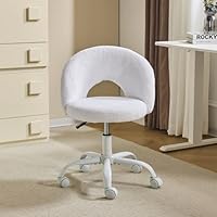 VINGLI Small Vanity Chair with Faux Fur Wheels for Girls,Cute Adjustable Height Armless Office Desk Chair,360°Swivel Comfy Rolling for Study,Make up Room,Small Space,White