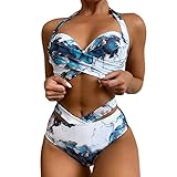 Yoofeiduoduo Badeanzug Sexy Transparent Damen Bikini Marmor-Aquarelldruck Cutout High Waist V Ausschnitt Zweiteiliger Neckholder Push Up Große BrüSte Hoch Taillierte Badeanzug, Blau, L