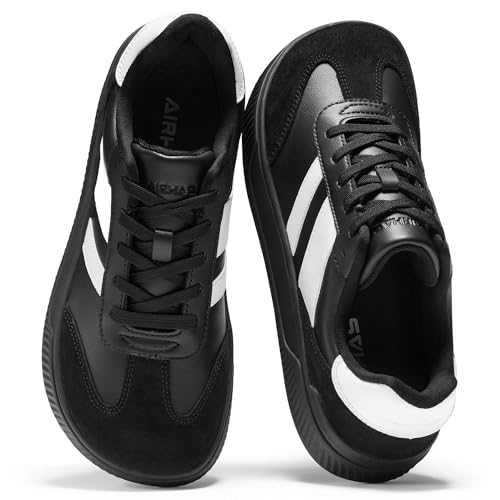 AIRHAS Womens Wide Toe Box Barefoot Shoes Fashion Zero Drop Sneakers for Women Walking Vegan Leather Minimalist Shoes(Black/White,8.5)