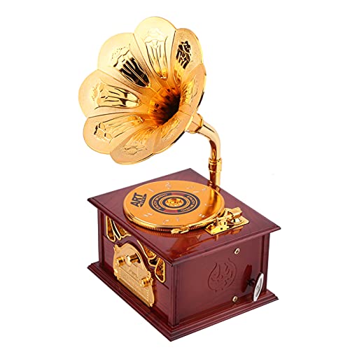 Caja de música, Caja Musical de gramófono Retro Cajas de música de Cuerda de plástico para Mujeres Regalos de cumpleaños de Boda Adorno de Escritorio(Marrón) Cover