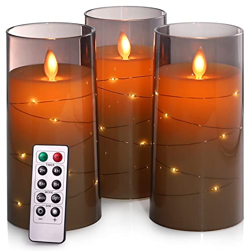 Addbeaut Flickering Flameless Candles, 360 Degree Viewing Angle, With Starry String Lights, Battery Operated Plexiglass Led Pillar Candles With Remote Control And Timer, Set Of 3,Grey #TOP27