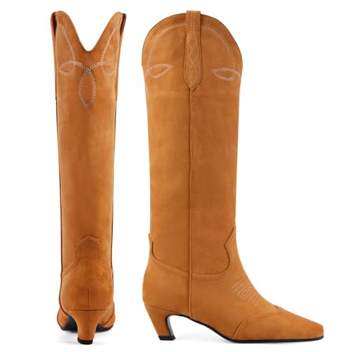 Knee High Straight Leg Boots for Women Pointed Toe Embroidery Design and Faux Leather Casual Fashion Boots3