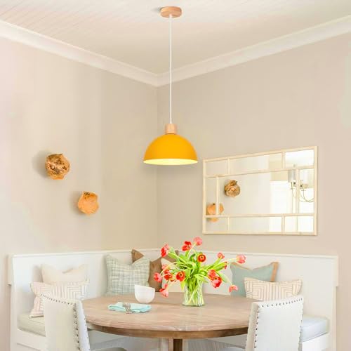 iDEGU 25cm Retro Pendant Light E27 LED Ceiling Light Modern Scandinavian Style Hemisphere Hanging Lampshade Metal Wood Pendant Light Fixture for Bedroom Dining Room Kitchen Restaurant (Yellow) - Image 2