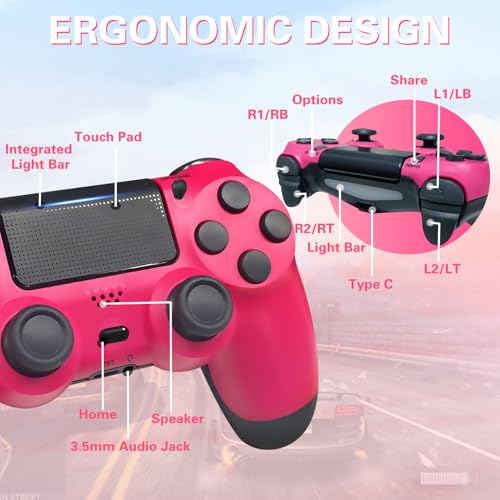 Wireless Controller for PS4 Pink with Thumb Caps, Game Remote Controller for PS4/Slim/Pro/PC with Dual Vibration/6-Axis Gyro/3.5mm Audio Jack/Touch Pad/USB-C Port and Cable/1000mAh Battery - Image 5