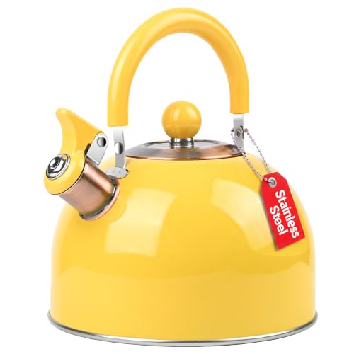 Rixordd 2.6 Quart Yellow Whistling Tea Kettle tea pot Stainless Steel Cool-Touch Handle Loud Whistle 7.48-inch Base Induction Compatible