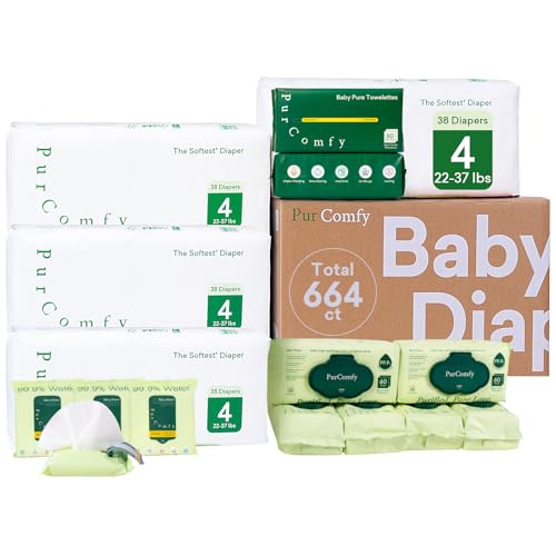 PurComfy Baby Diapers Essential Kit, 4 Pack Size 4 Diapers (152 Ct), 6 Baby Wipes (360Ct), 4 Travel Pack Wipes (32Ct) and 2 Dry Wipes (120Ct), All in