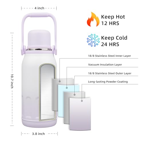 Image of BJPKPK Stainless Steel Insulated Bottle with Handle & Strap, 40oz | Leak-proof vacuum insulation keeps drinks cold /hot for hours. BPA-free, dishwasher safe. Purple Pearl.