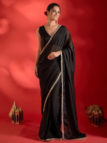 Image of AKHILAM Women's Shimmer Pure Georgette Embroidered Ready To Wear one Minute Saree With Unstitched Blouse Piece