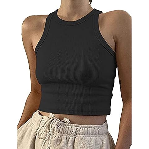 ARTFISH Ladies Basic Sleeveless Crop Top Ribbed Knit Front Racerback Tank Top(Black,S Cover
