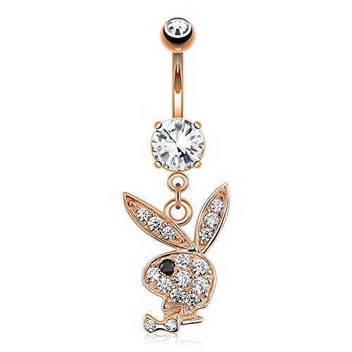 Multi Paved Gems On Playboy Bunny Dangle Rose Gold Navel Ring