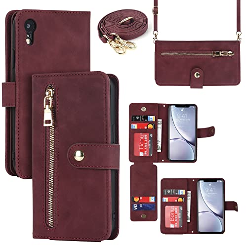 iCoverCase for iPhone XR Wallet Case with Card Holder, Adjustable Crossbody Lanyard PU Leather Kickstand Card Slots Zipper [Not Detachable] Flip Cover Case 6.1 Inch (Claret) by iCoverCase - Used condition - CA$4.17