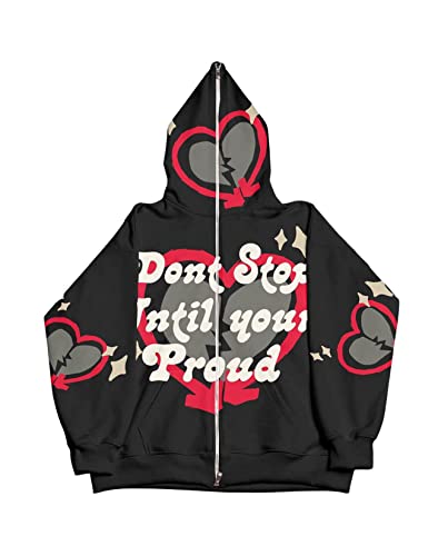 Full Zip Hoodies for Women Men Graphic Hoodies Y2k Over Face Oversized Jackets Vintage Sweatshirt Star Hoodie Black-XL