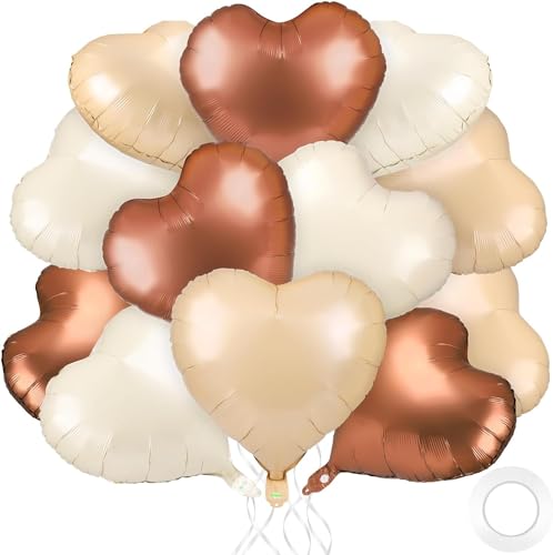 Image of Atpata Funky Boho Theme Foil Balloons - White Sand, Nude Cream, Tan Brown Caramel Shades - Stars and Hearts Shape - for Weddings, Birthdays, Baby Showers, and Party Decorations (12pcs, Hearts)