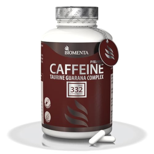 BIOMENTA Koffein – 180 Coffein Kapseln hochdosiert / 332 mg Koffein/Tag - Wirkstoffkomplex mit Caffeine, Taurin, Grüntee, Guarana + Vitamine & Magnesium - vegan - Premiumqualität