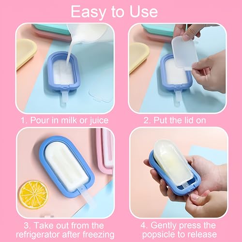 Image of ZRINIX Silicone Popsicle Moulds - Set of 4 | Reusable Kulfi & Ice Cream Moulds with Sticks | Pastel-Coloured Silicone Ice Lolly Mould for Kids & Adults