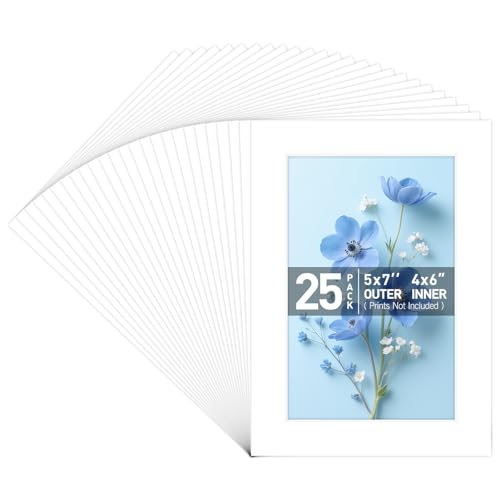 Golden State Art, Pack of 25, 5x7 White Picture Mats Mattes with White Core for 4x6 Pictures