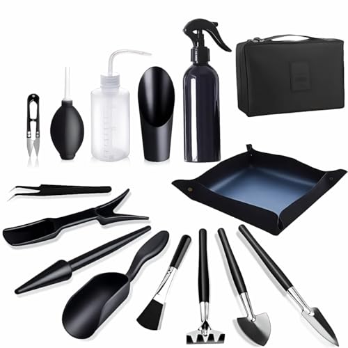 BEJAGWUS Bonsai Werkzeug Set 15 Stück mit wasserdichte Umtopfmatte & Aufbewahrungstasche,Mini Gartengeräte Gartenwerkzeug Set für Gartenarbeit, Umtopfen, Sukkulenten, Pflanzenpflege (Schwarz)