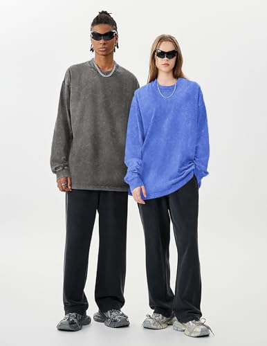 Oversized Tshirts for Women Heavy Cotton Acid Wash Vintage Unisex Long Sleeve Casual Loose Solid Basic Tee Tops3