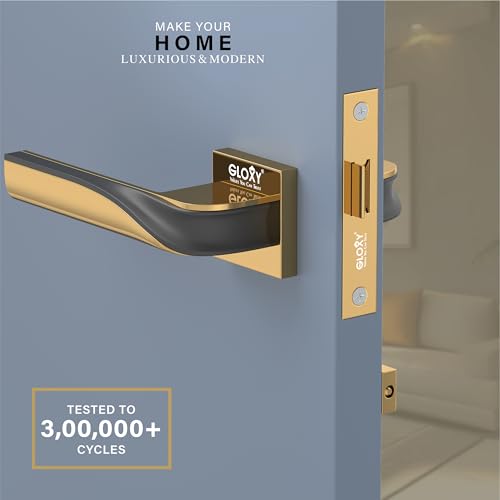 Image of GLOXY Premium Bathroom Door Lock - Heavy Duty Mortise Door Lock with Keyless Plate Handle Set for Home with Brass Baby Latch - Gold & Black Finish Bathroom Lock for Door with 2 Years Warranty