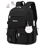 qodbopack School Backpack for Teen Girls 15.6 Inch Laptop Backpacks Waterproof Bookbag Cute School Bag BLACK