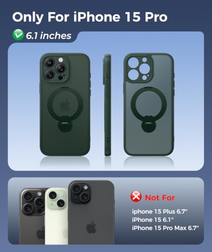 Image of FNTCASE for iPhone 15 Pro Case with 360 Spin Magnetic Stand Green | Compatible with Magsafe,Screen Protector,Full Camera Protection,Translucent Matte Military Grade Shockproof Phone Cover