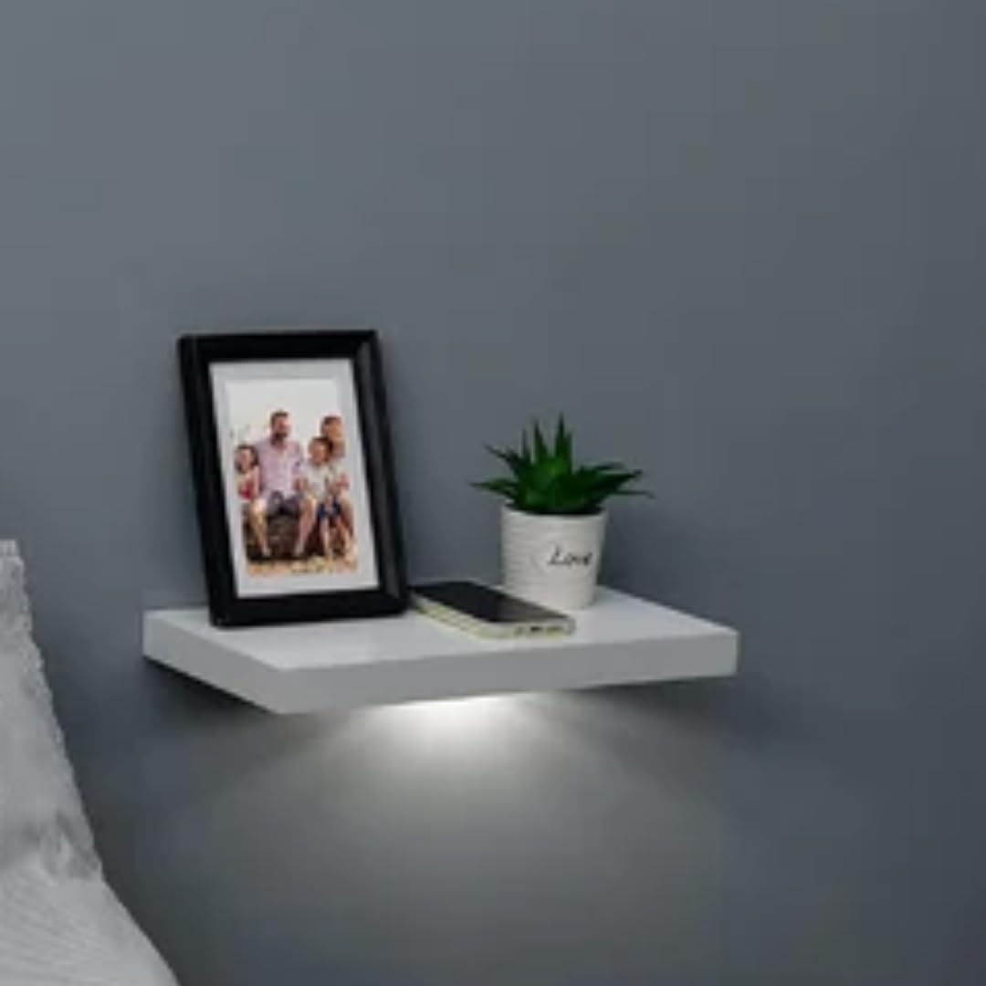Floating Wall Shelf - Modern LED Wall-Mounted Bedside Shelf, Space-Saving Nightstand Alternative