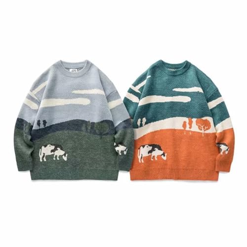 Men Vintage Cow Graphic Knit Sweater Japanese Kawaii Long Sleeve Pullover Sweatshirt Cute Preppy Anime Oversize Tops2