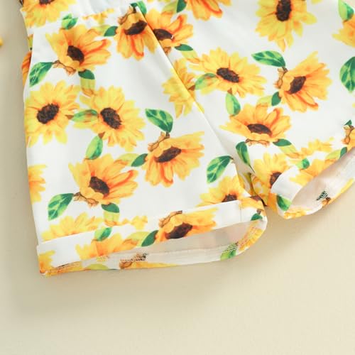 fhutpw Toddler Baby Girls Summer Outfits Daisy Ruffle Short Sleeve T-Shirts Tops Floral Shorts 2Pcs Clothes Set 6M-4T (Ribbed Shirt + Sunflower Suspender White, 4-5 Years)