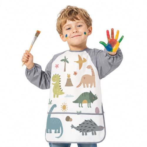 Montrestar Delantal Infantil Impermeable 3-8 Años Niños y Niñas, Bata Pintura Infantil con 3 Bolsillos y Mangas Largas, Babis Escolares para Pintura, Artes, Escuela, Tema Dinosaurio