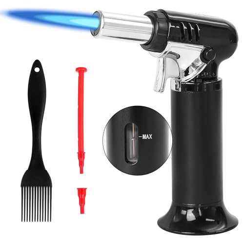 Kochbrenner - Küchenfackel für Creme Brulee, con pincel de aceite, postres y encendedor para dorar, soplete flambeador con bloqueo y llama ajustable (gas butano no incluido) (negro)