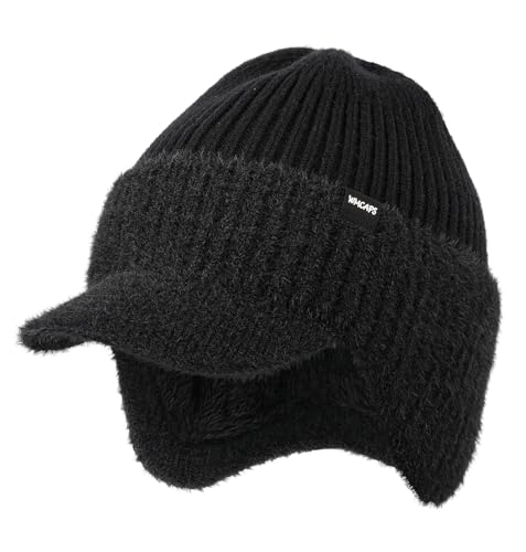 Wmcaps Wintermütze mit Visier und Ohrenklappen für Herren, Dicke Fleece gefütterte Stirnklappenmütze, Winddichte Kälteschutz Mütze für Outdoor, Geschenk für Ehemann Vater Männer (Schwarz)
