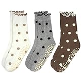 ERMO NKES Cute Polka Dot Yoga Socks for Women – 3 Pairs Non Slip Grip Pilates Barre Crew Socks, Ruffle Cuff Style, US Size 5-9 (US, Alpha, One Size, Regular, Regular, 3, Gray,Milk White,Coffee Brown)