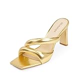 Modatope Women's Gold Metallic Square Toe Mule Dress Sandals Block Chunky Heel Slides Slippers Peep Open Toe Slip On Size 8.5