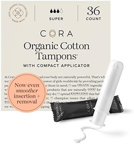 Cora Organic Tampons | Super Absorbency | 100% Cotton Core, Unscented with BPA-Free Applicator | Leak Protection, Easy Application | Non-Toxic, Hypoallergenic (36 Count)