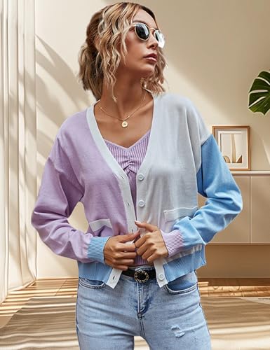 Women's Colorblock Cropped Cardigans Sweater Long Sleeve Button Front Knitted Sweaters Crop Top4