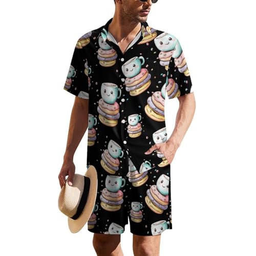 Image of Coffee And Doughnuts Hawaiian Shirt And Shorts Set Summer Outfits 2 Piece Casual Vacation Beach Suits 2XL