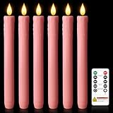 Homemory 6 Pcs Real Wax Pink Flameless Taper Candles with Remote Timer, 9.6 Inches LED Fake Candlesticks, LED Candle with 3D Flickering Flame for Romantic Wedding, Dinner, Xmas Anniversary Decor