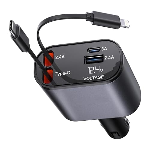 Image of HopePow 120 Watt Retractable, 4 in 1 Super Fast Charge Phone Car Charger,Retractable Cables (31.5 inch) and 2 USB Ports Adapter for iPhone 15 /14 /13 /12 Pro Max XR
