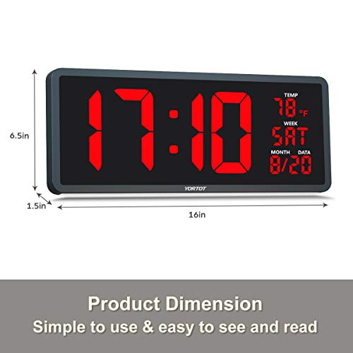 Yortot 16” Large Digital Wall Clock With Remote Control - Adjustable Dimmer, 7 Color Night Lights, Big Led Clock With Indoor Temperature, Date, Auto Dst, 12/24Hour, Wall Mount/Foldable Stand #TOP5