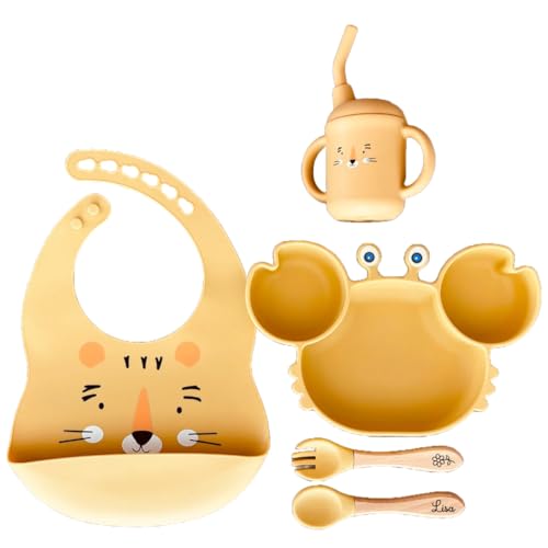 Set repas bébé personnalisé en silicone avec ventouse, assiette, couverts, bavoir et verre. Sans BPA, idéal cadeau naissance